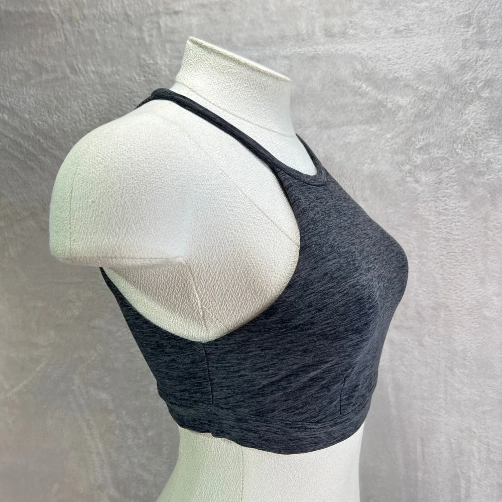 Alo‎ Yoga Heathered Charcoal High Neck Racerback Sports Bra Crop Top Keyhole S